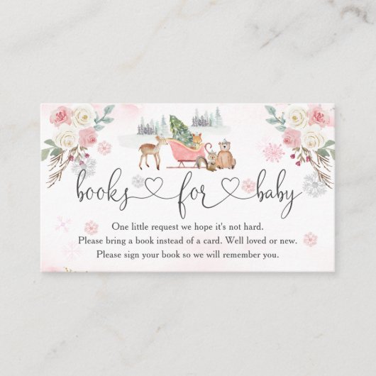 冬のピンクの森の動物の女の子の本ベビー エンクロージャーカード (正面)