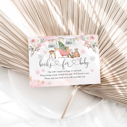 冬のピンクの森の動物の女の子の本ベビー エンクロージャーカード