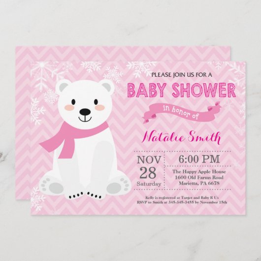 冬のピンクの白くまの女の子のベビーシャワーの招待状 招待状 (正面/裏面)