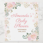 冬のピンクの花と雪の結晶のウェディングシャワー ワインラベル (シングルラベル)