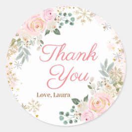 冬のピンクの花と雪の結晶のベイビーシャワー ラウンドシール