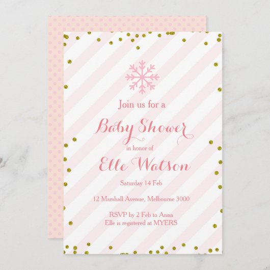 冬のピンクの金ゴールドのベビーシャワーの招待状 招待状 (正面/裏面)