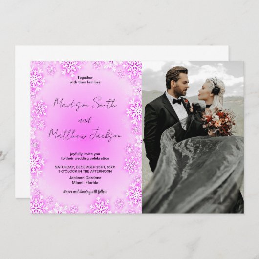 冬のピンクの雪の結婚式招待状と写真 招待状 (正面/裏面)