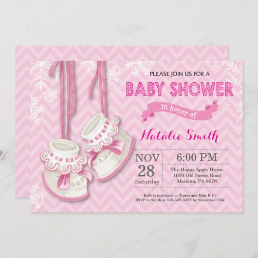 冬のピンクの靴の女の子のベビーシャワーの招待状 招待状 (正面/裏面)