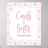 冬のピンクカードとギフトシャワーテーブルサイン ポスター (正面)