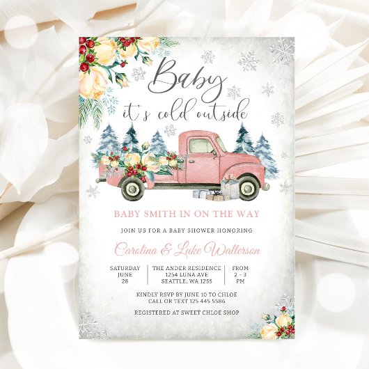 冬のピンクトラックベイビーシャワー招待状 招待状
