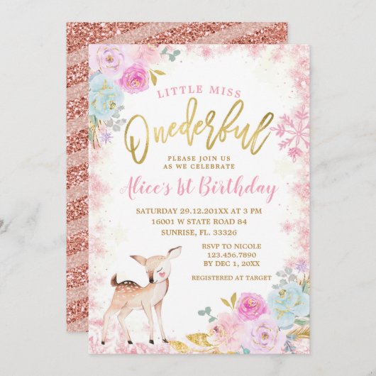 冬のピンクフローラ雪かきワンダーフルトナカイ  招待状 (正面/裏面)