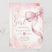 冬のピンクボウをテーマにした女の子コケット赤ちゃんシャワー 招待状 (正面/裏面)