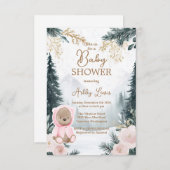 冬のピンク色のクマ 　森の雪　ピンク色の森 招待状 (正面/裏面)