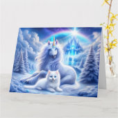冬のファンタジー（美しいユニコーンと子猫） カード (黄色い花)