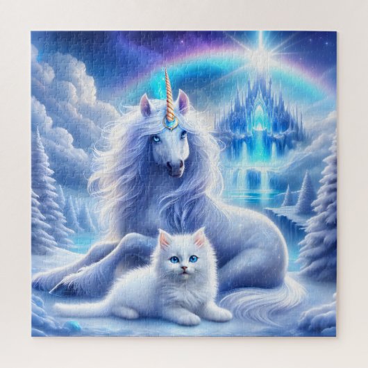 冬のファンタジー（美しいユニコーンと子猫） ジグソーパズル (縦)