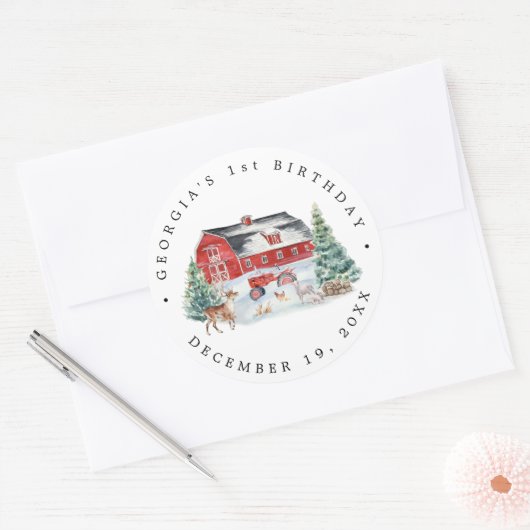 冬のファームテーマの誕生日パーティーお礼のプレゼント ラウンドシール (封筒)