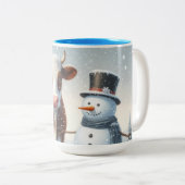 冬のフィールドでかわいい牛と雪だるま ツートーンマグカップ (正面右)