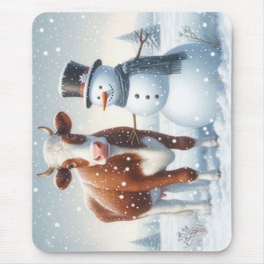 冬のフィールドでかわいい牛と雪だるま マウスパッド (正面)