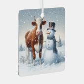 冬のフィールドでかわいい牛と雪だるま メタルオーナメント (正面右)