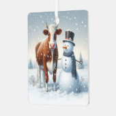 冬のフィールドでかわいい牛と雪だるま メタルオーナメント (正面左)