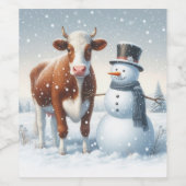 冬のフィールドでかわいい牛と雪だるま ワインラベル (シングルラベル)
