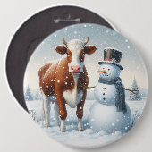 冬のフィールドでかわいい牛と雪だるま 缶バッジ (正面&裏面)