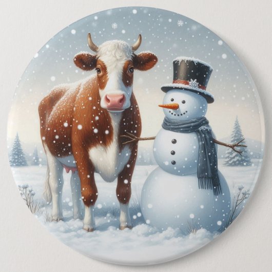 冬のフィールドでかわいい牛と雪だるま 缶バッジ (正面)