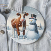 冬のフィールドでかわいい牛と雪だるま 缶バッジ (インサイチュ)