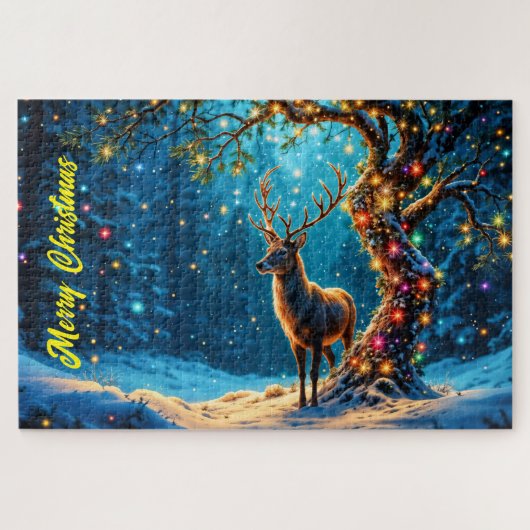 冬のフェスティバルかわいい鹿クリスマスフォレスト ジグソーパズル (横)
