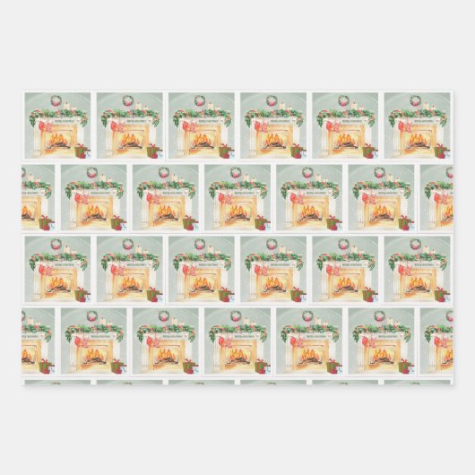 冬のフェスティバル陽気な暖炉の木のクリスマス ラッピングペーパーシート (正面)