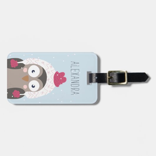 冬のフクロウのパーソナライズなバッグのラベル|の空 ラゲッジタグ (正面横)