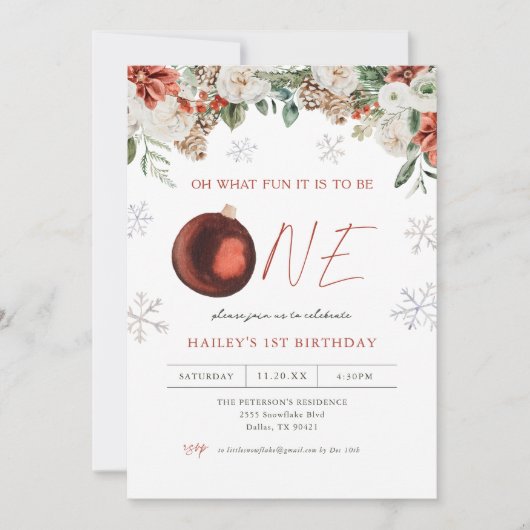 冬のフローラああ何おもしろいガール1st誕生日パーティー 招待状 (正面)