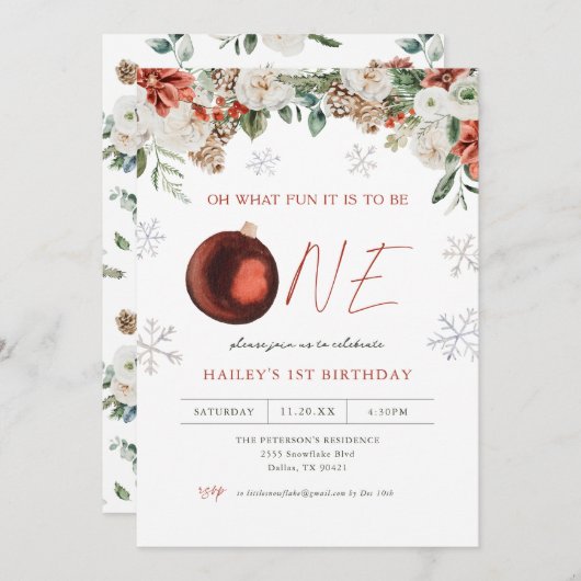 冬のフローラああ何おもしろいガール1st誕生日パーティー 招待状 (正面/裏面)