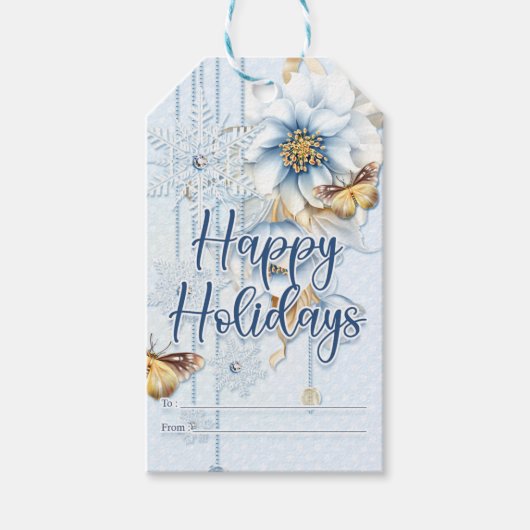 冬のフローラと蝶ハッピーホリデー ギフトタグ (正面)