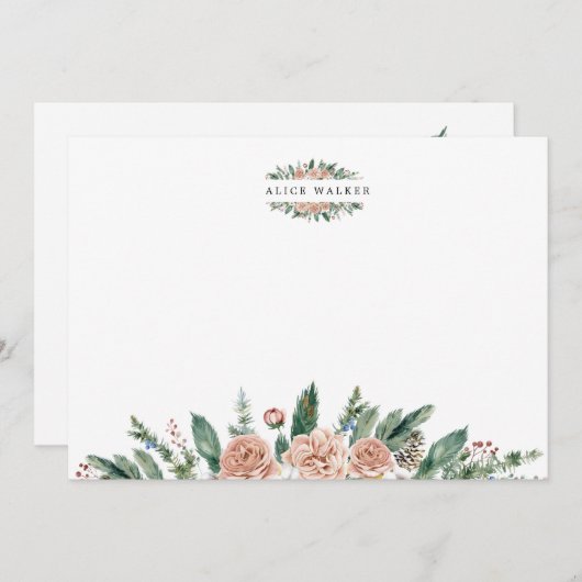 冬のフローラのエレガント緑のモノグラムノートカード ノートカード (正面/裏面)