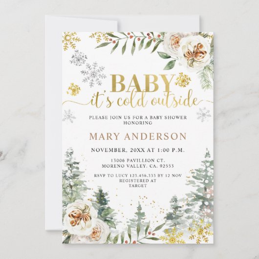冬のフローラの森，ベビーシャワーの外は寒い 招待状 (正面)