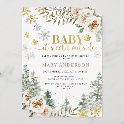 冬のフローラの森,ベビーシャワーの外は寒い 招待状 (正面/裏面)