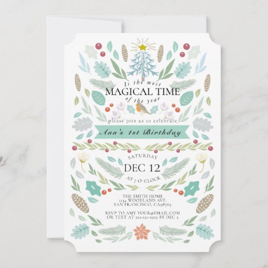 冬のフローラの葉クリスマタス1歳の誕生日 招待状 (正面)