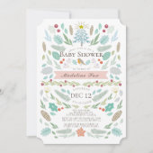冬のフローラの葉ホリデーピンクベビーシャワー 招待状 (正面)