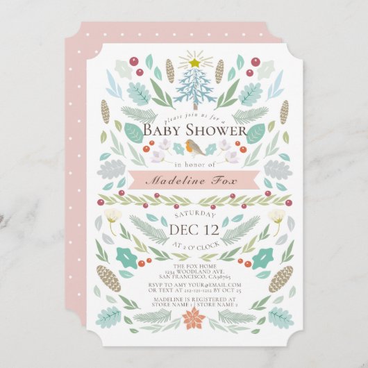 冬のフローラの葉ホリデーピンクベビーシャワー 招待状 (正面/裏面)