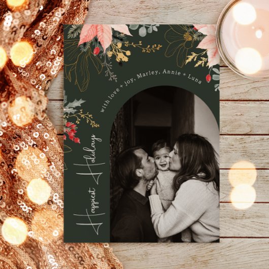 冬のフローラアーチグリーンハッピーホリデーズフォト シーズンカード