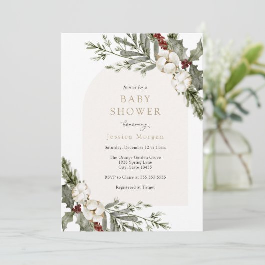 冬のフローラエレガントアーチ赤ちゃんシャワー 招待状 (スタンド正面)