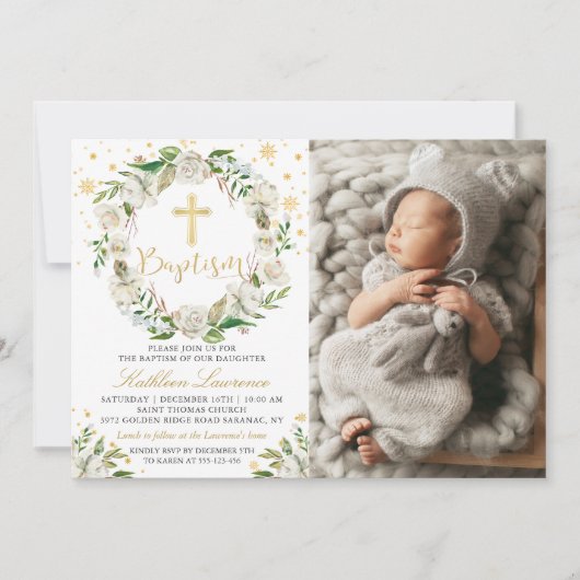 冬のフローラエレガントガールバプテスマ写真 招待状 (正面)