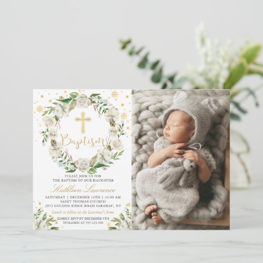 冬のフローラエレガントガールバプテスマ写真 招待状 (スタンド正面)
