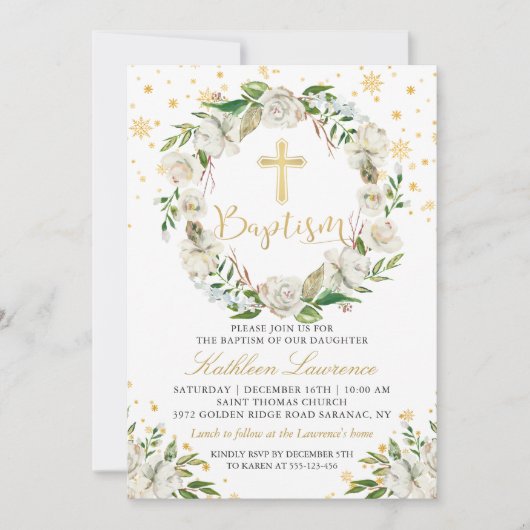 冬のフローラエレガントガールバプテスマ招待状 招待状 (正面)