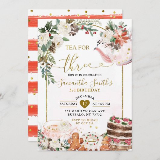 冬のフローラクリスマスティーサード誕生日 招待状 (正面/裏面)