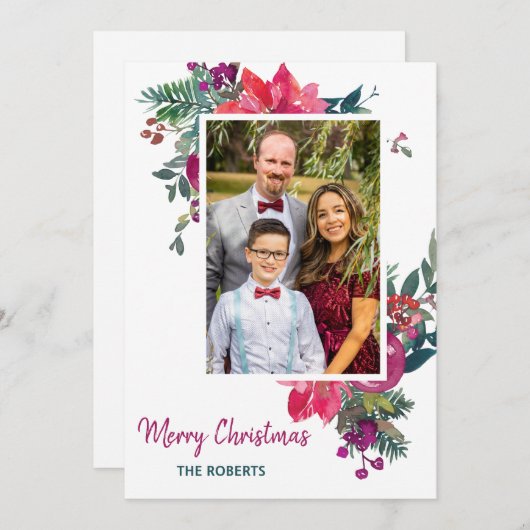 冬のフローラクリスマスベリーの緑の家族のおもしろい シーズンカード (正面/裏面)