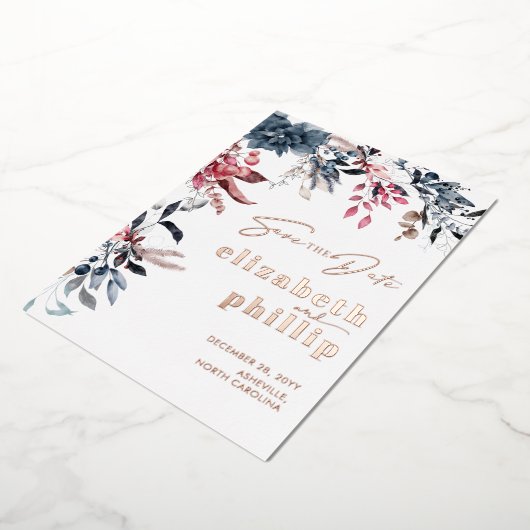 冬のフローラクリスマスホリデイ日付を保存 箔招待状 (回転した状態)