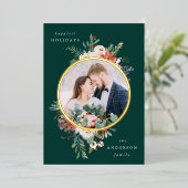 冬のフローラグリーンと金ゴールドサークルの写真 箔シーズンカード (立ち正面)