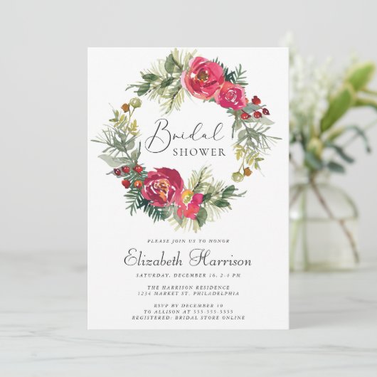 冬のフローラグリーンリーウォーターカラーブライダルシャワー 招待状 (スタンド正面)