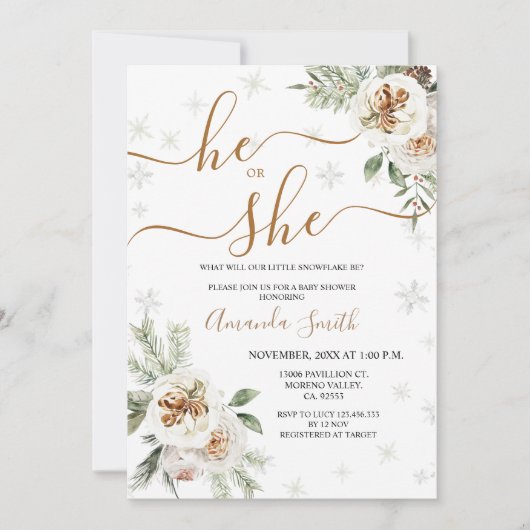 冬のフローラジェンダーが赤ちゃんのシャワーを明らかにする 招待状 (正面)