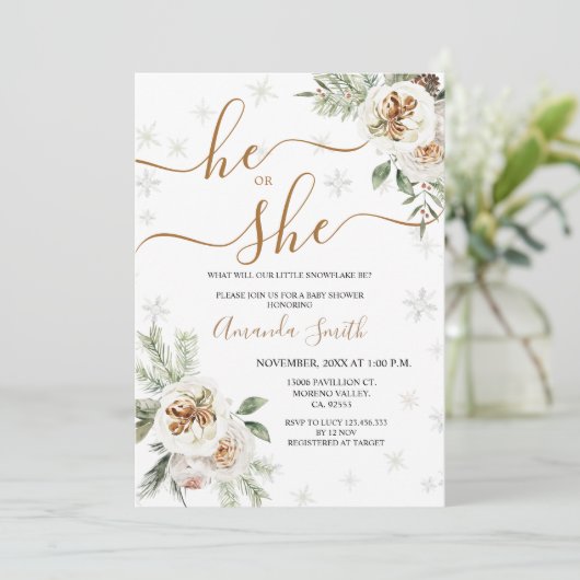 冬のフローラジェンダーが赤ちゃんのシャワーを明らかにする 招待状 (スタンド正面)