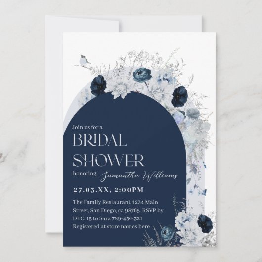 冬のフローラネイビーブルーワイルドフラワーボホブライダル 招待状 (正面)