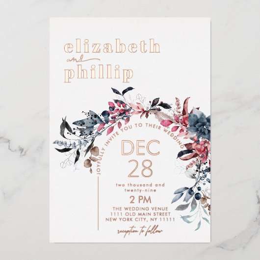 冬のフローラバラ金ゴールドクリスマスホリデ結婚ーズ 箔招待状 (正面)